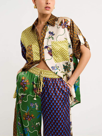 Conjunto de pantalones de pierna ancha sueltos con estampado folk especial