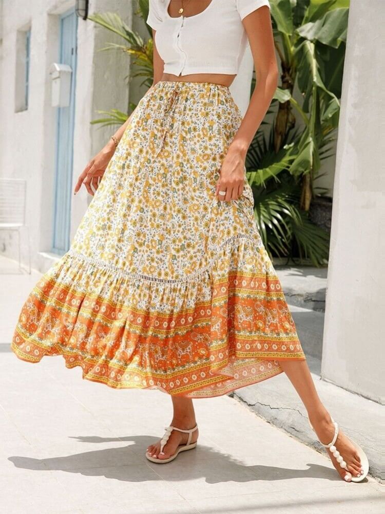 Falda escalonada con estampado floral bohemio Magnolia