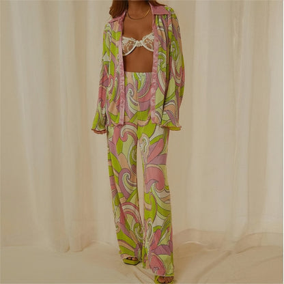 Conjunto de pantalón y camisa de manga larga con solapa estampada plisada