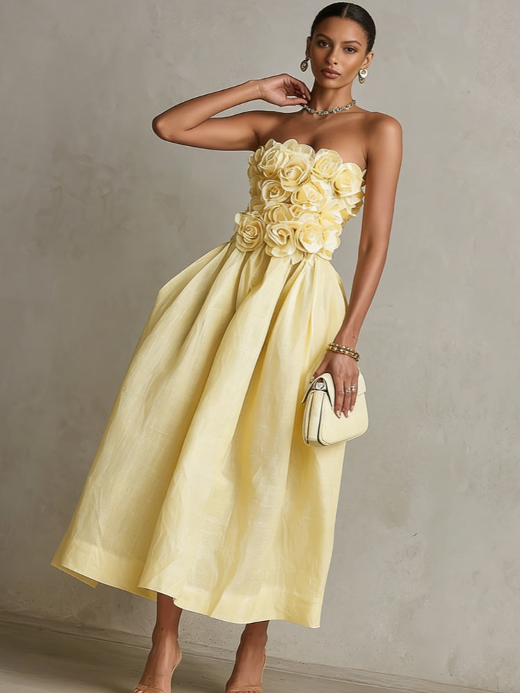 Vestido midi amarillo sin tirantes con flor 3D