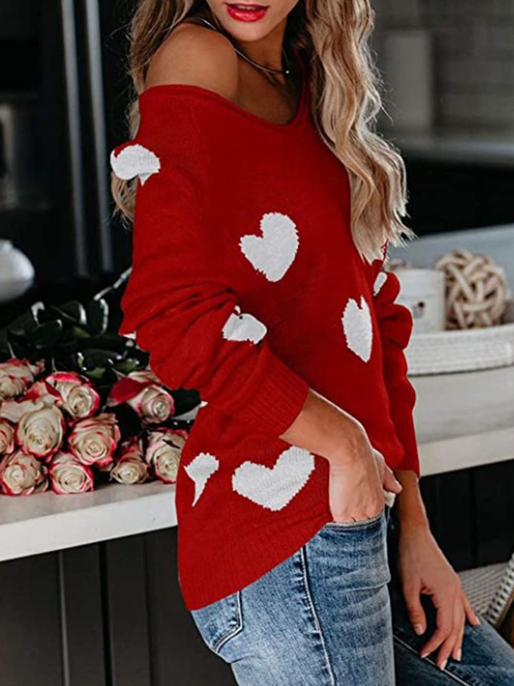 Suéter de punto con cuello en V para el día de San Valentín