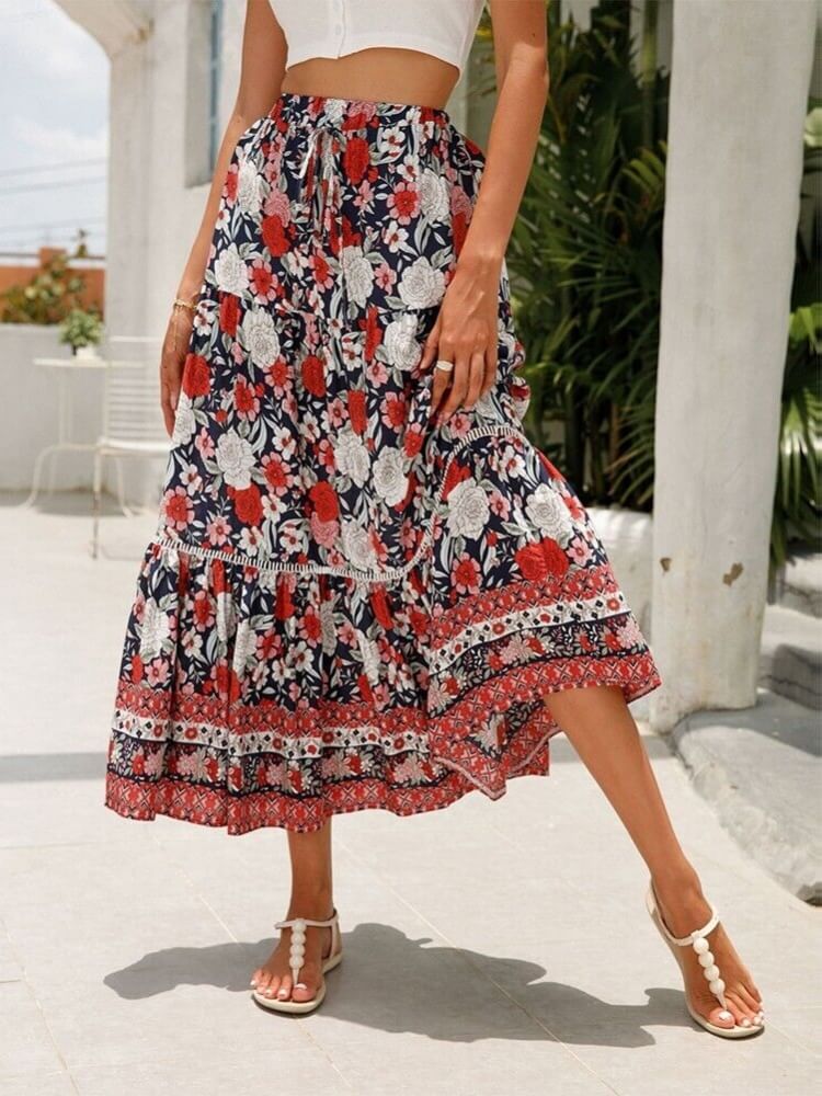 Falda escalonada floral roja romántica