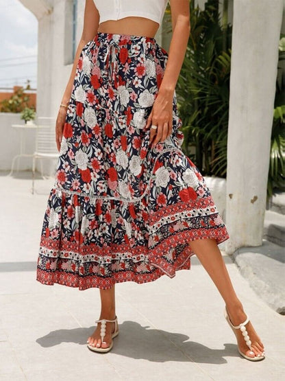 Falda escalonada floral roja romántica