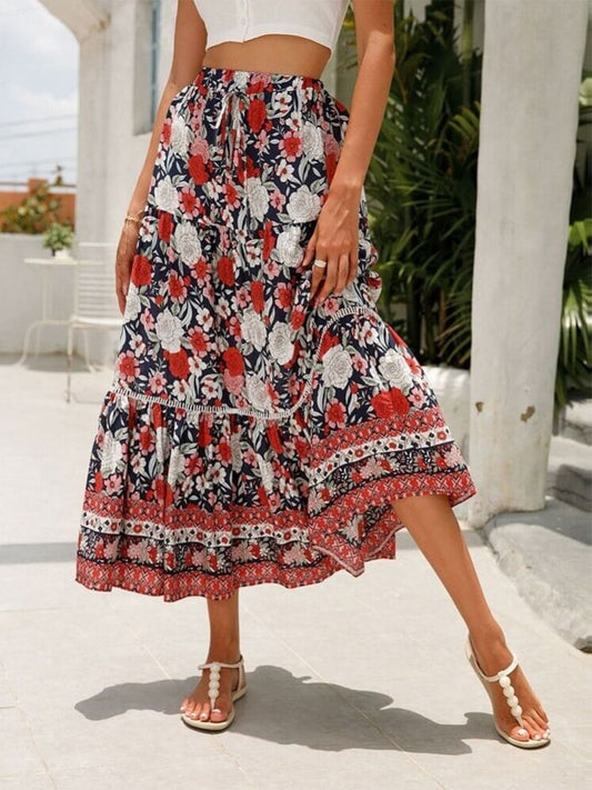 Falda escalonada floral roja romántica