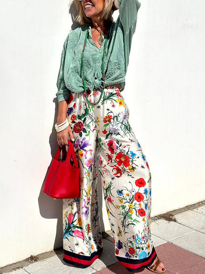 Conjunto de pantalones de pierna ancha con bolsillos y cintura elástica con estampado floral único