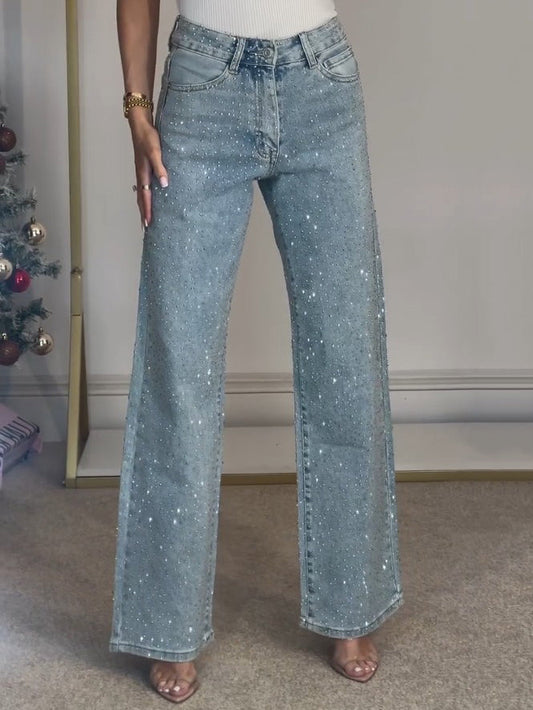 Jeans de pierna recta de talle alto con diamanté