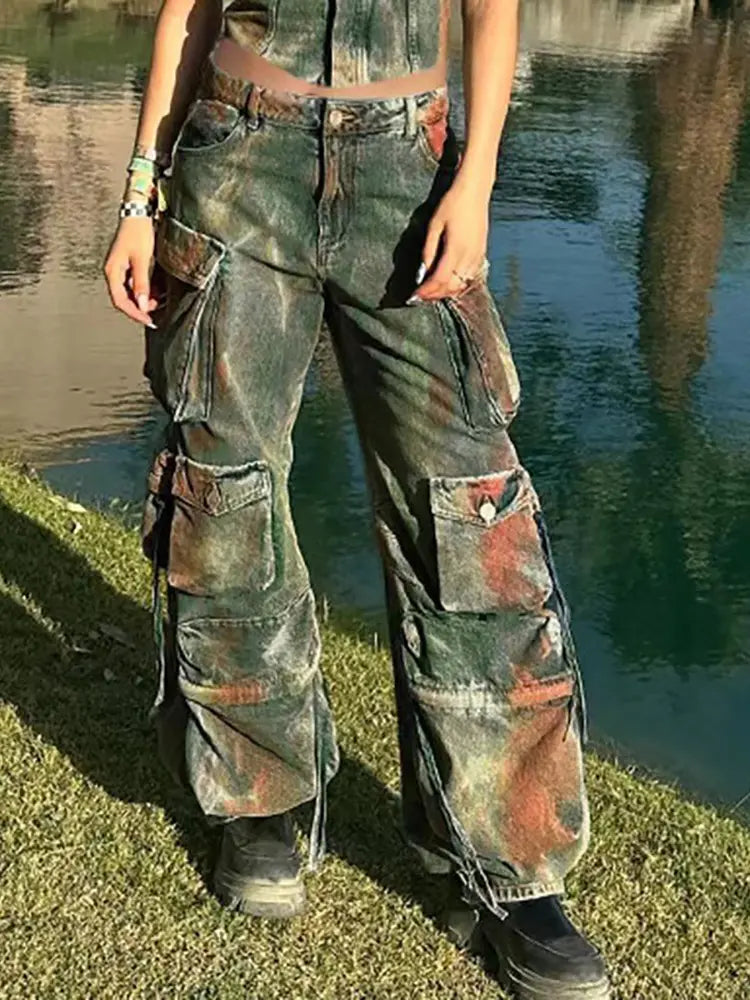Pantalones de mezclilla con contraste de moda