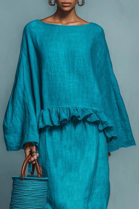 Conjunto de blusa y falda de lino mezclado con volantes azules