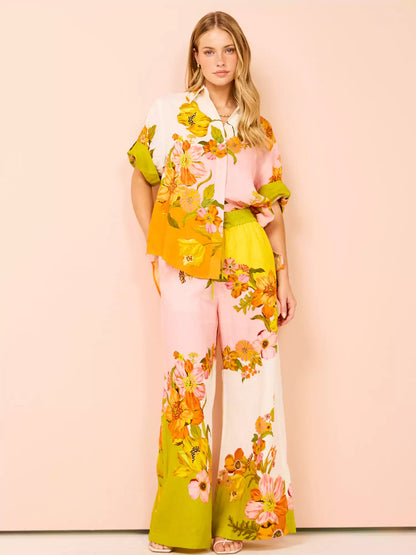 Conjunto de pantalones anchos con bolsillos y cintura elástica con estampado único