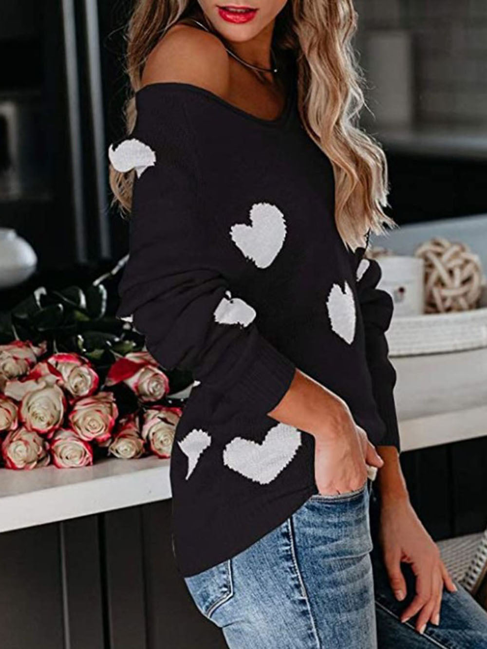 Suéter de punto con cuello en V para el día de San Valentín
