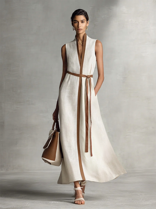Vestido maxi sin mangas con escote en V y cinturón de algodón y lino