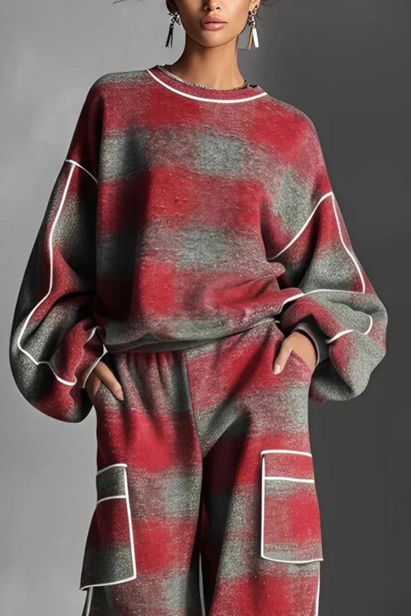 Conjunto de chándal a cuadros rojo y gris con contraste