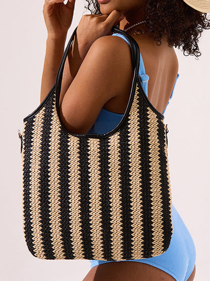 Bolso de hombro vintage de paja con rayas en contraste para mujer