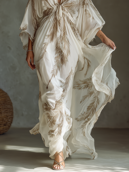 Vestido maxi de gasa con estampado de hojas de palma y nudo frontal con mangas dolman