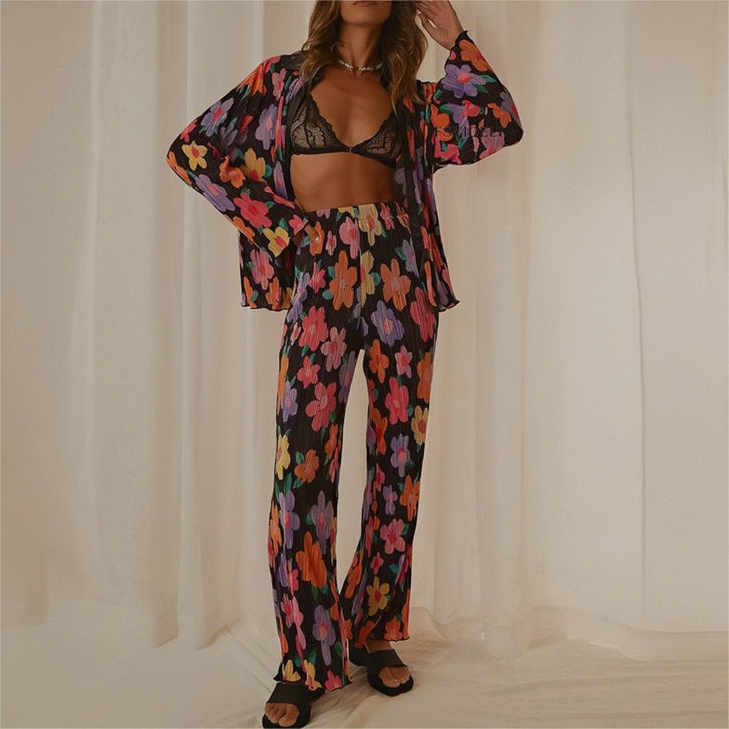 Conjunto de pantalón y camisa de manga larga con solapa estampada plisada