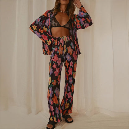 Conjunto de pantalón y camisa de manga larga con solapa estampada plisada