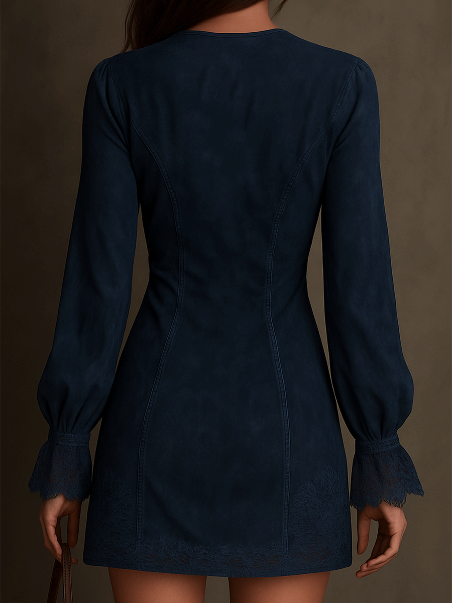 Vestido corto vintage azul con encaje de gamuza