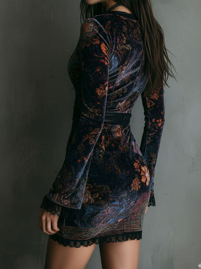 Vestido mini bodycon de terciopelo con escote en V y estampado floral bohemio con ribete de encaje