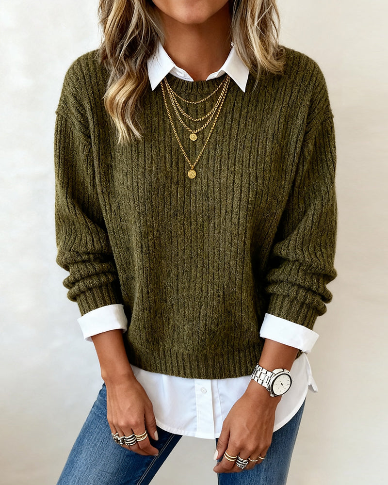 Suéter suave con cuello tipo camisa y diseño patchwork moderno