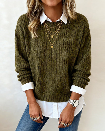 Suéter suave con cuello tipo camisa y diseño patchwork moderno