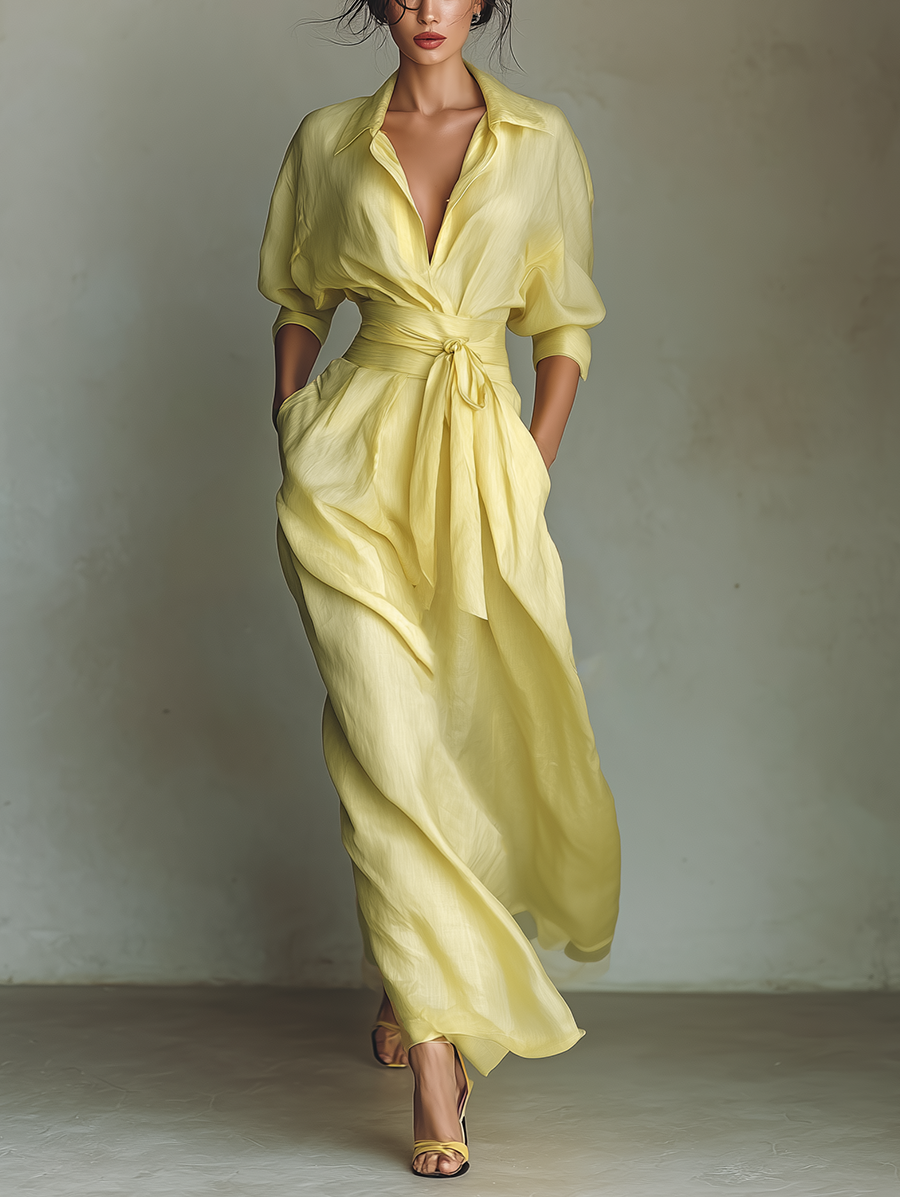 Vestido camisa maxi de mezcla de algodón y lino en amarillo limón