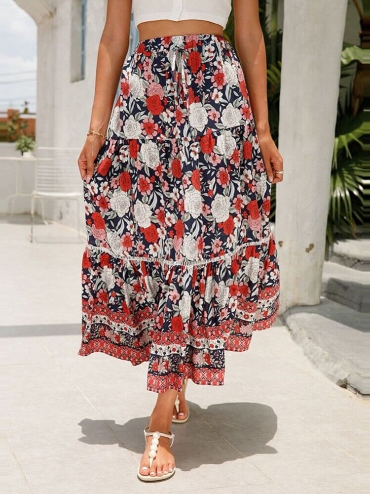 Falda escalonada floral roja romántica