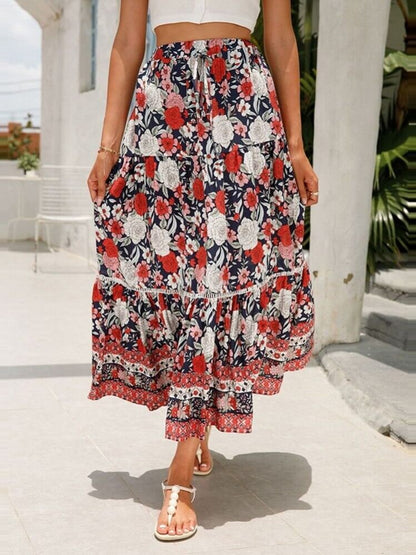 Falda escalonada floral roja romántica