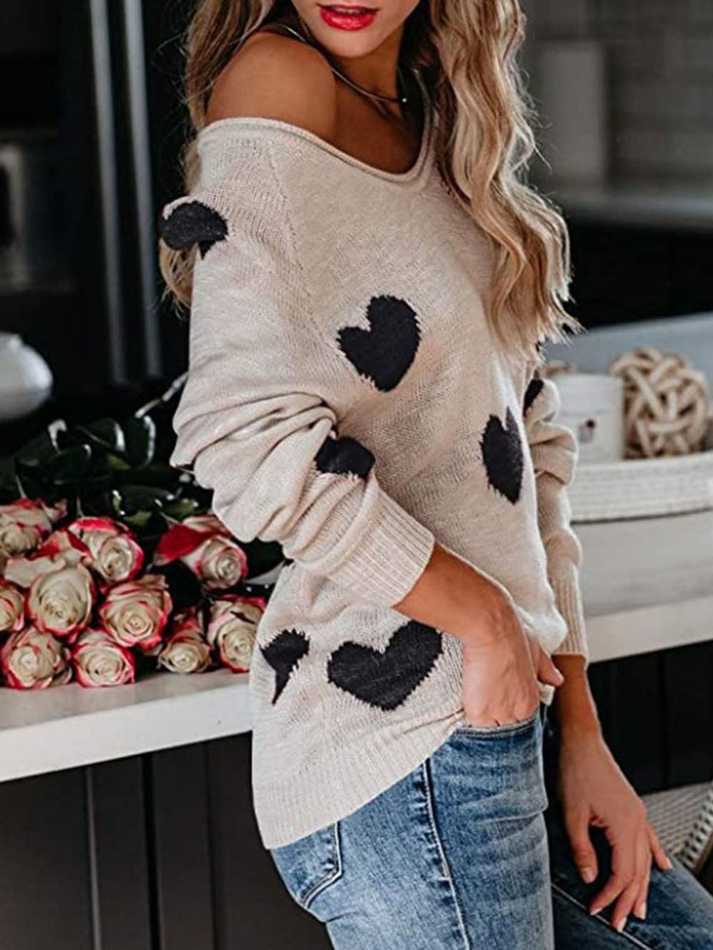 Suéter de punto con cuello en V para el día de San Valentín