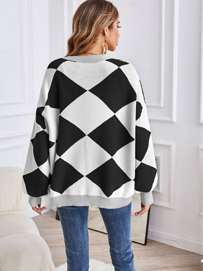 Cárdigan de punto con bloques de color geométrico con cuello en V