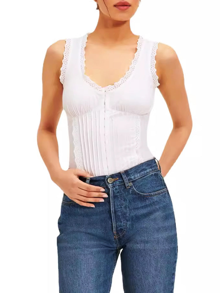 Top sin mangas con cuello en U y encaje bordado