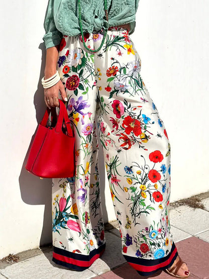 Conjunto de pantalones de pierna ancha con bolsillos y cintura elástica con estampado floral único