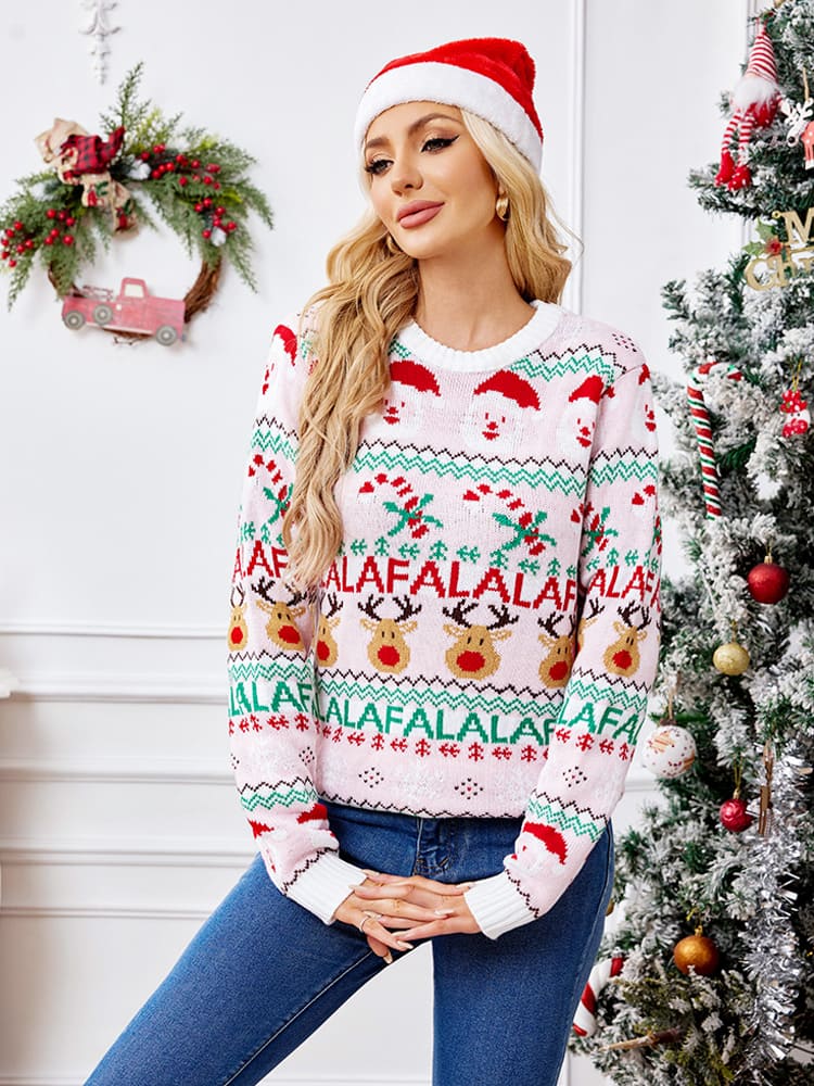 Jersey Suelto De Punto Con Cuello Redondo Y Dibujos Animados Navideños - Rosa