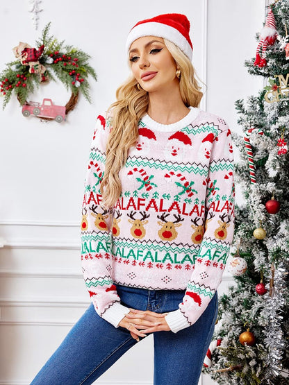 Jersey Suelto De Punto Con Cuello Redondo Y Dibujos Animados Navideños - Rosa