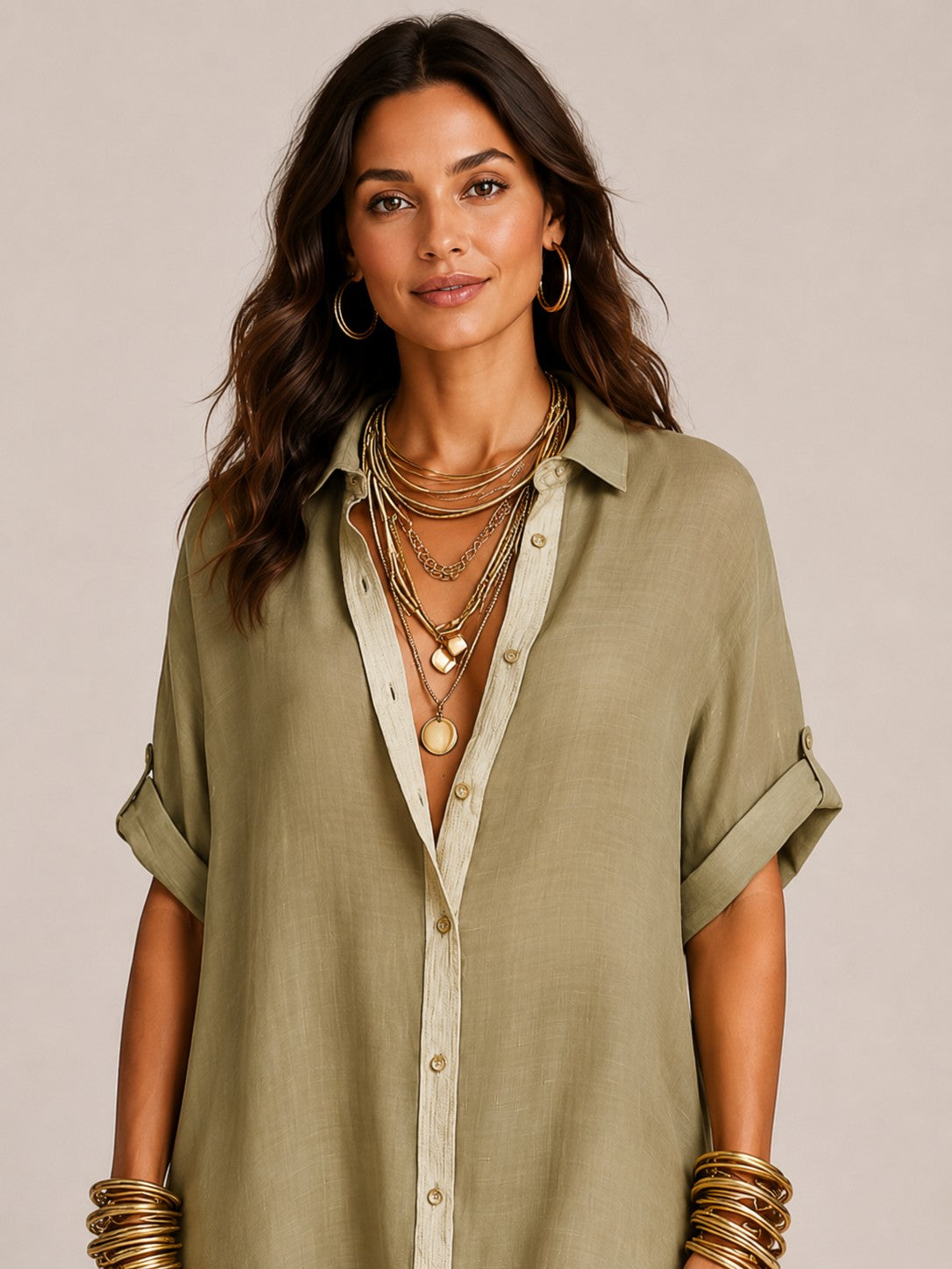 Vestido largo camisero de manga corta con mezcla de lino