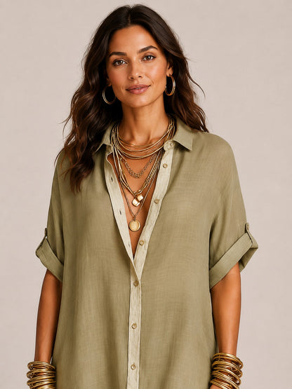 Vestido largo camisero de manga corta con mezcla de lino