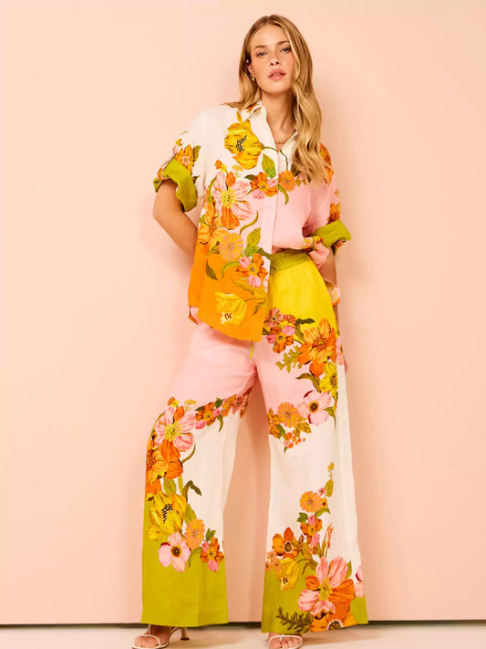 Conjunto de pantalones anchos con bolsillos y cintura elástica con estampado único