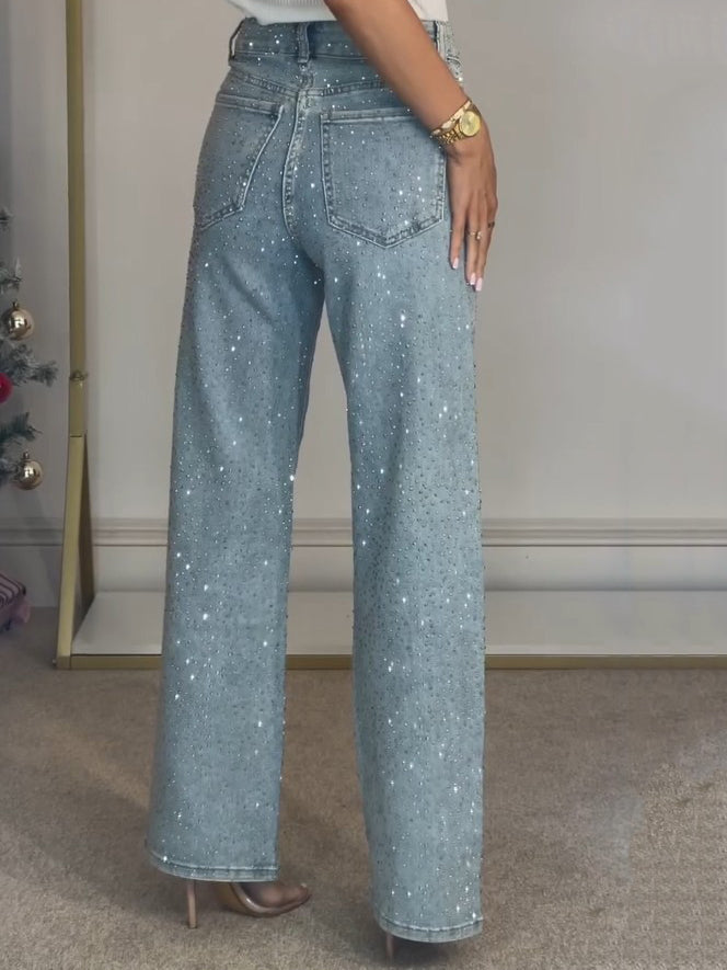 Jeans de pierna recta de talle alto con diamanté