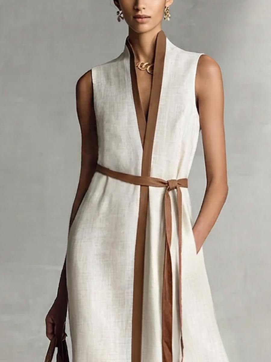 Vestido maxi sin mangas con escote en V y cinturón de algodón y lino