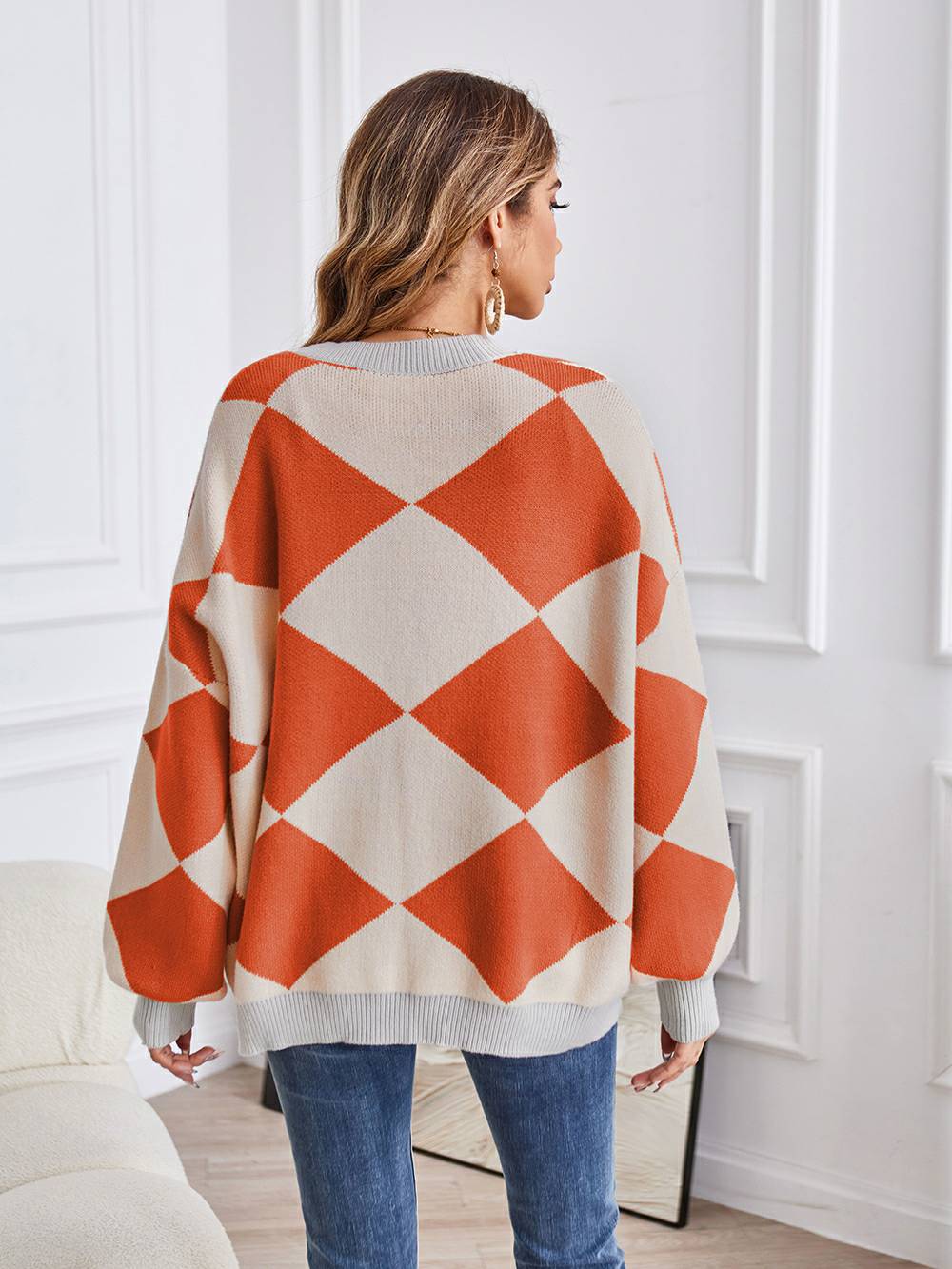Cárdigan de punto con bloques de color geométrico con cuello en V