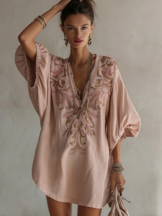 Vestido corto de lino bordado