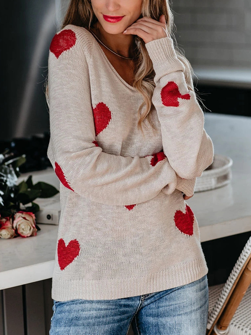 Suéter de punto con cuello en V para el día de San Valentín