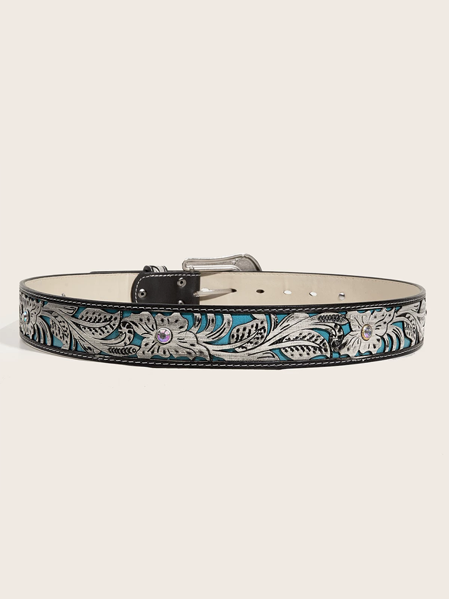 Cinturón personalizado para mujer de cuero PU con relieve y pedrería