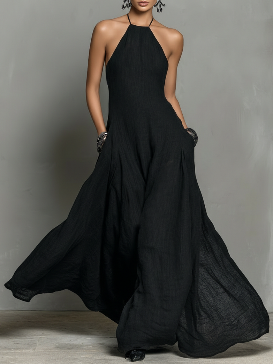 Vestido largo minimalista de mezcla de lino con cuello halter