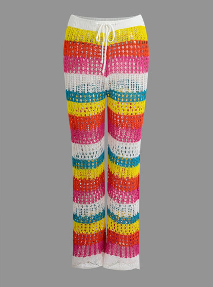 Pantalones de punto con cordón calado de crochet con bloques de color