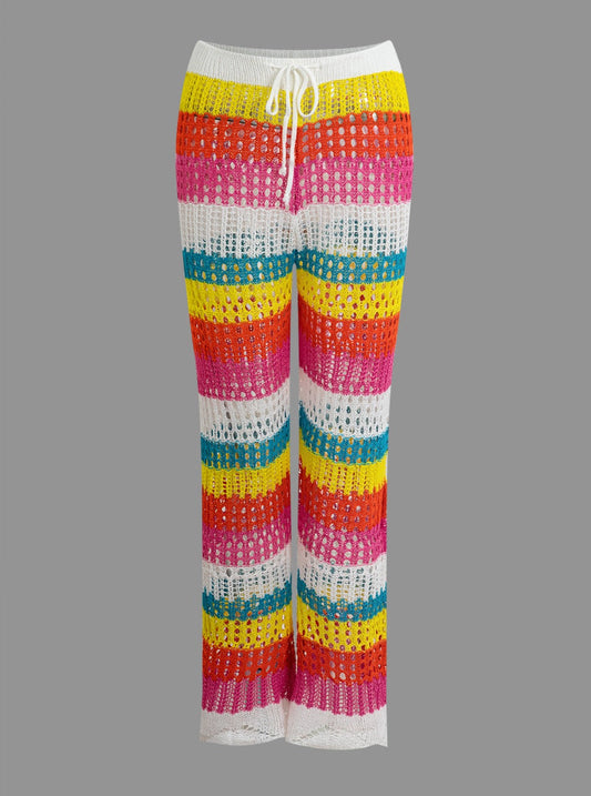 Pantalones de punto con cordón calado de crochet con bloques de color