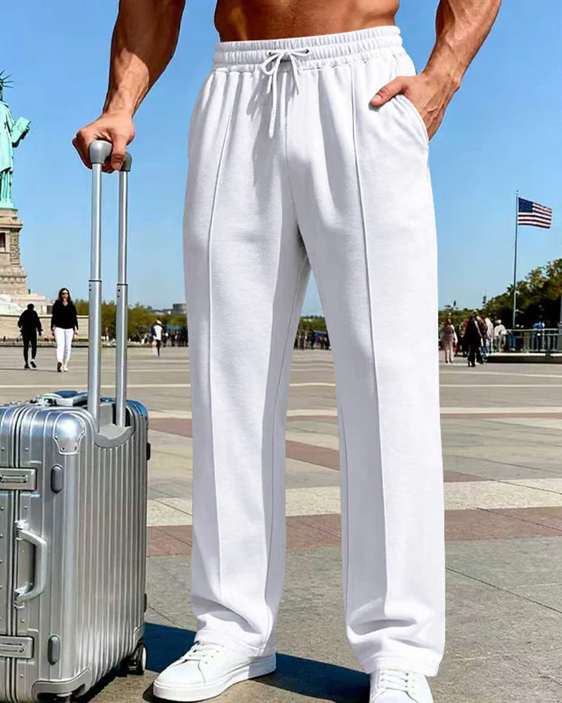 Pantalón cómodo para hombre con cintura elástica, cordón y pierna recta