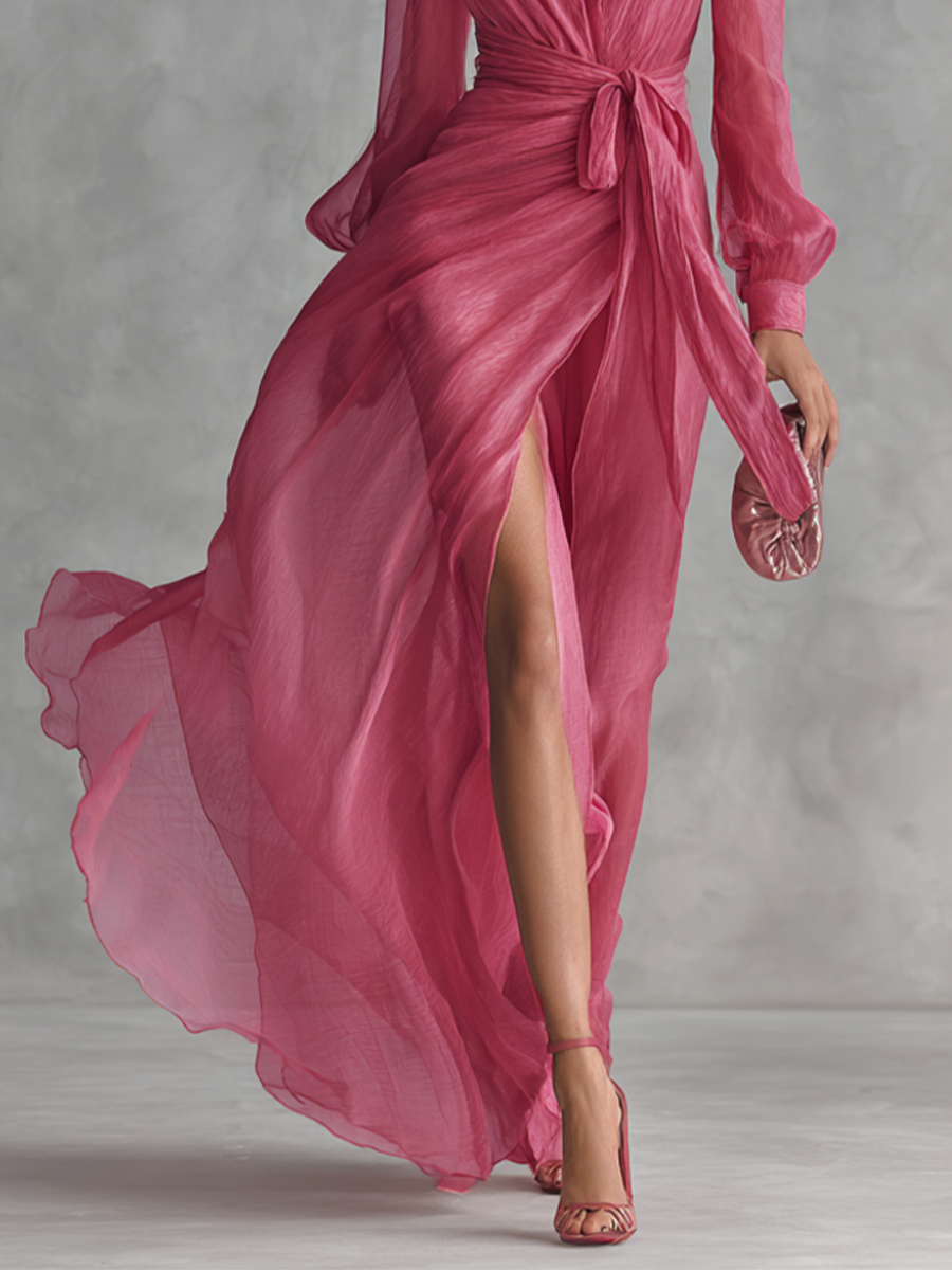 Vestido largo elegante de gasa con escote en V y perlas