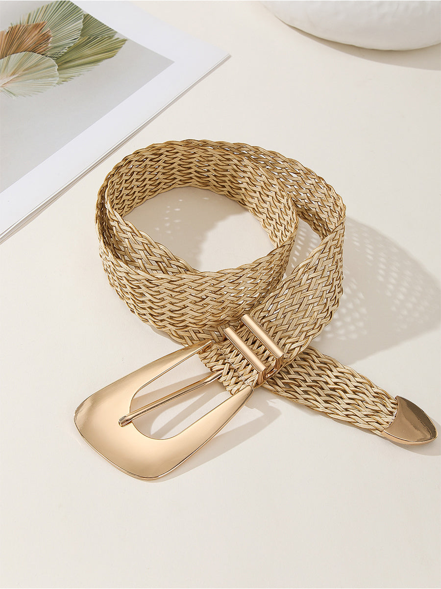 Cinturón de imitación de metal trenzado de algodón y lino chic dorado para mujer
