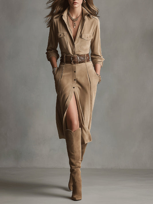 Vestido midi de ante marrón de moda para mujer