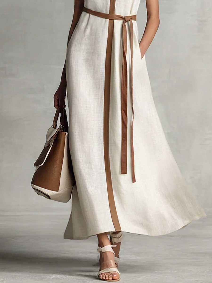 Vestido maxi sin mangas con escote en V y cinturón de algodón y lino